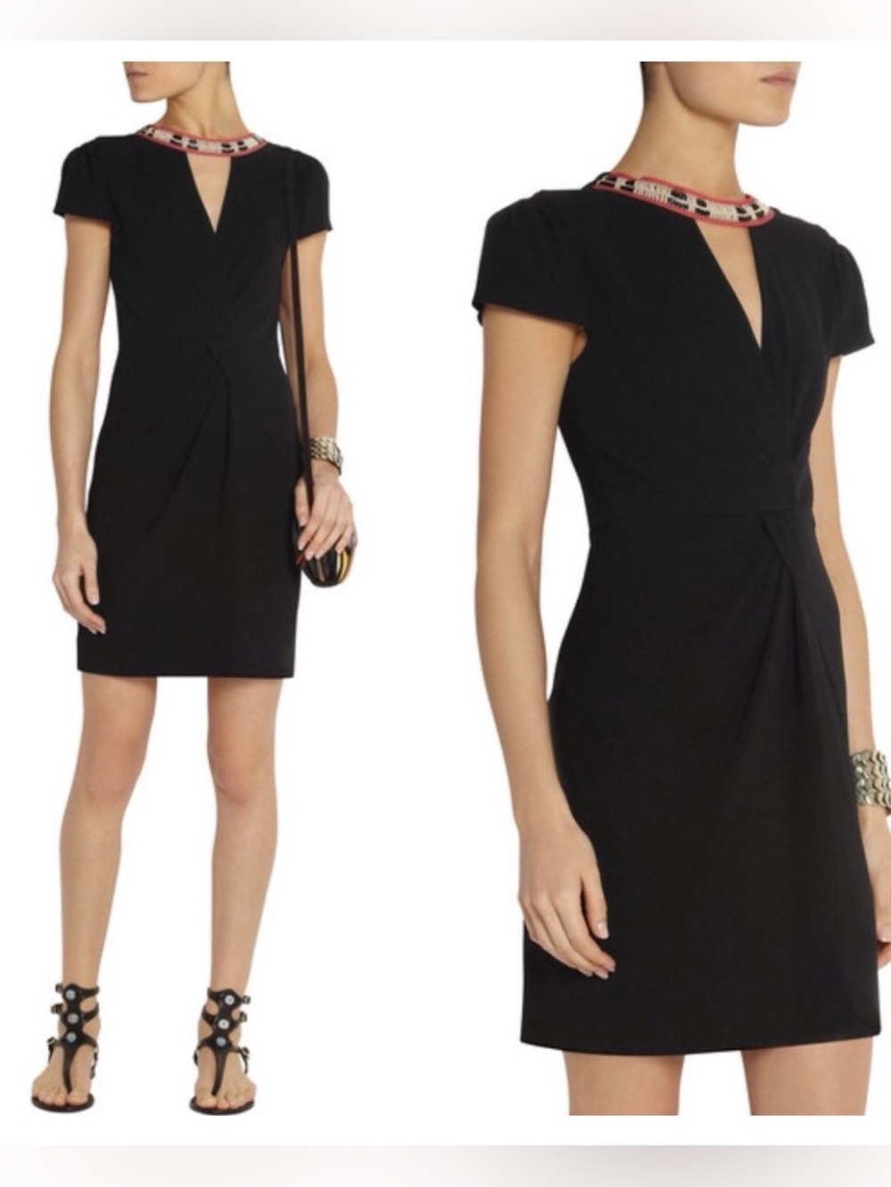 Maje Black Fraicheur Embroidered Sheath Dress with Embellished Collar